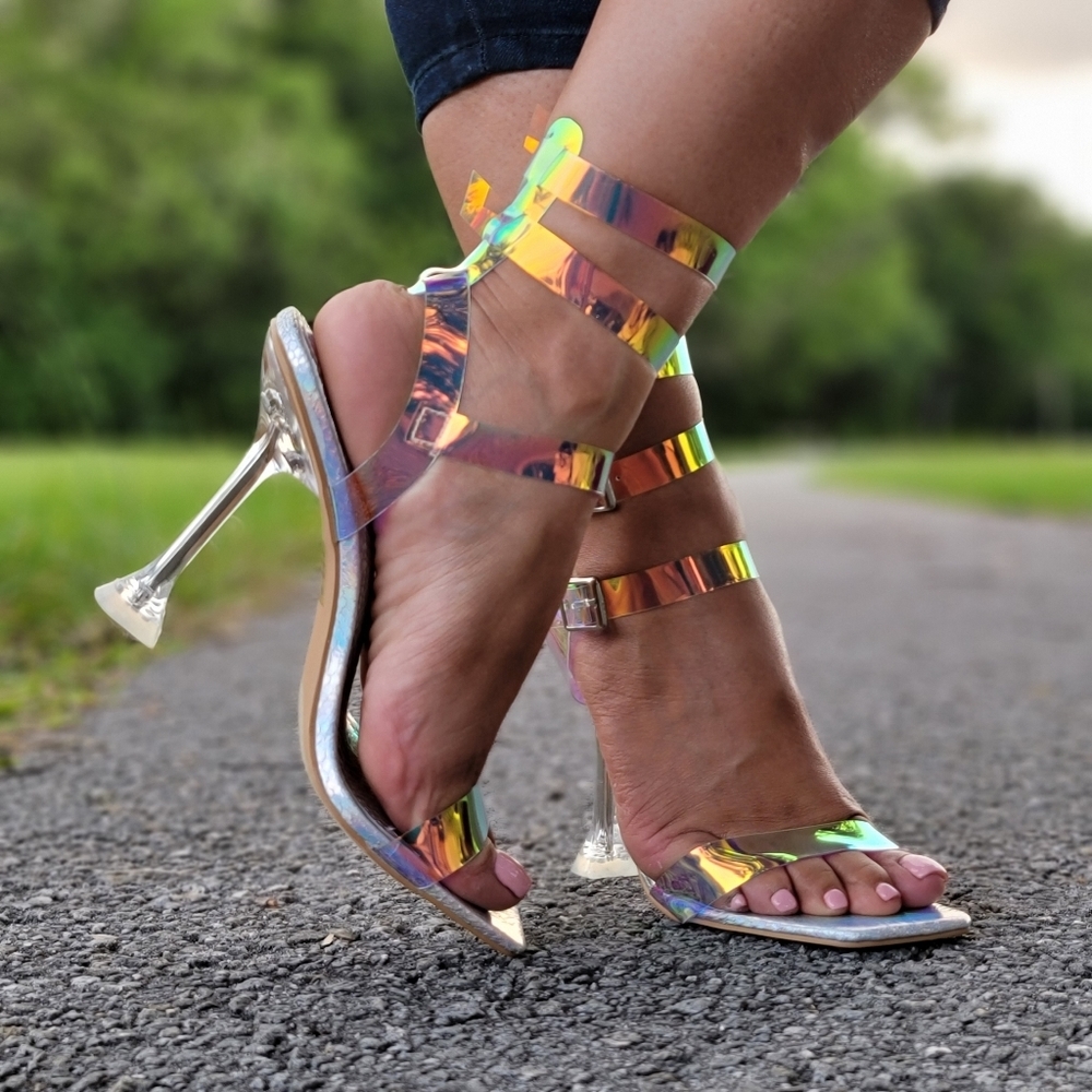 Women’s Strappy Hologram Sandal Pumps Open Toe Spool Heel